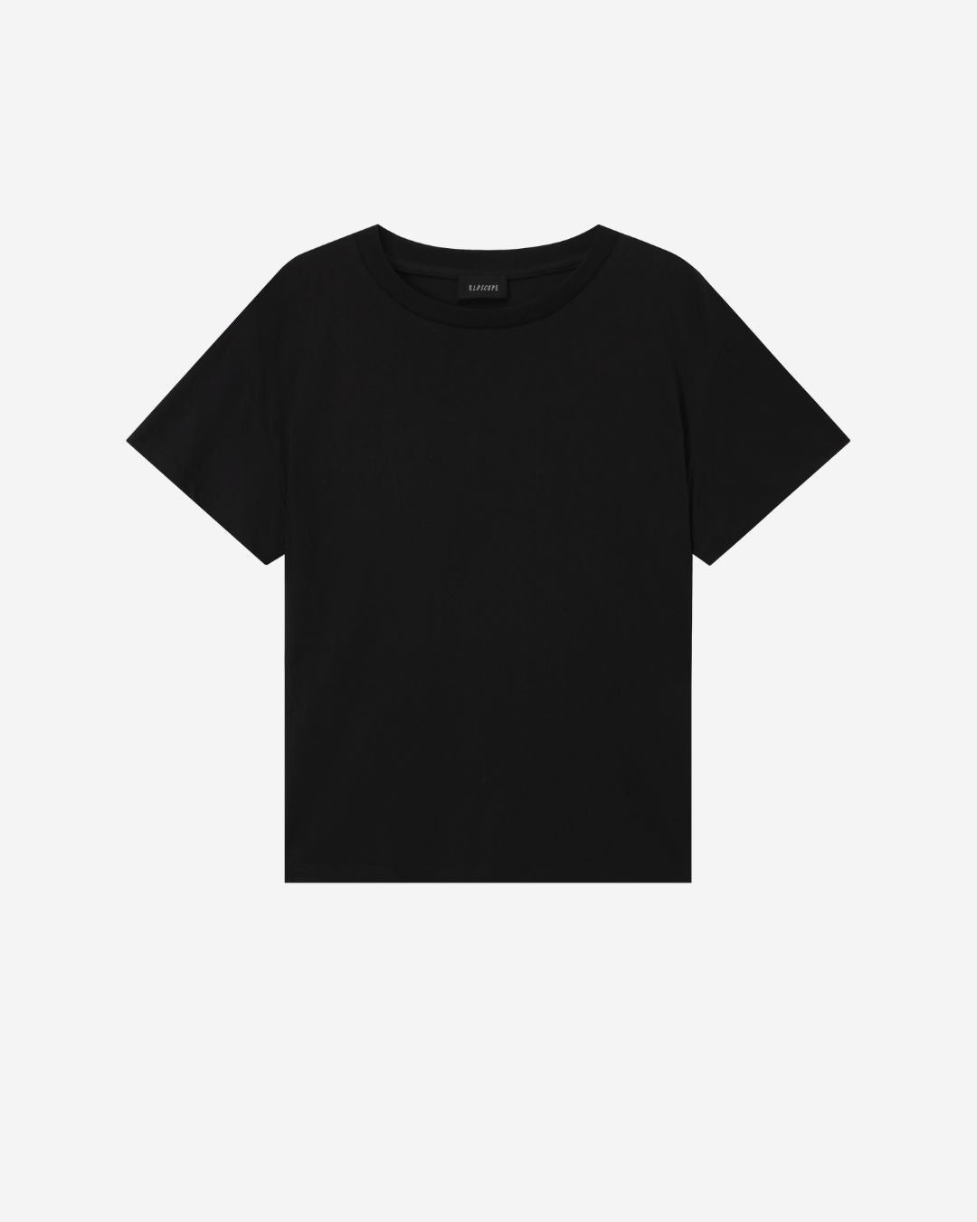 Black t-shirt on a white background, front view, product shot