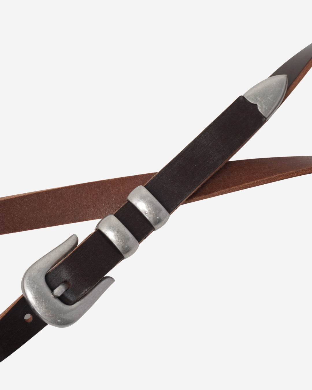 Image of a stylish brown leather Western belt with metallic tips and buckles, white background, product shoot