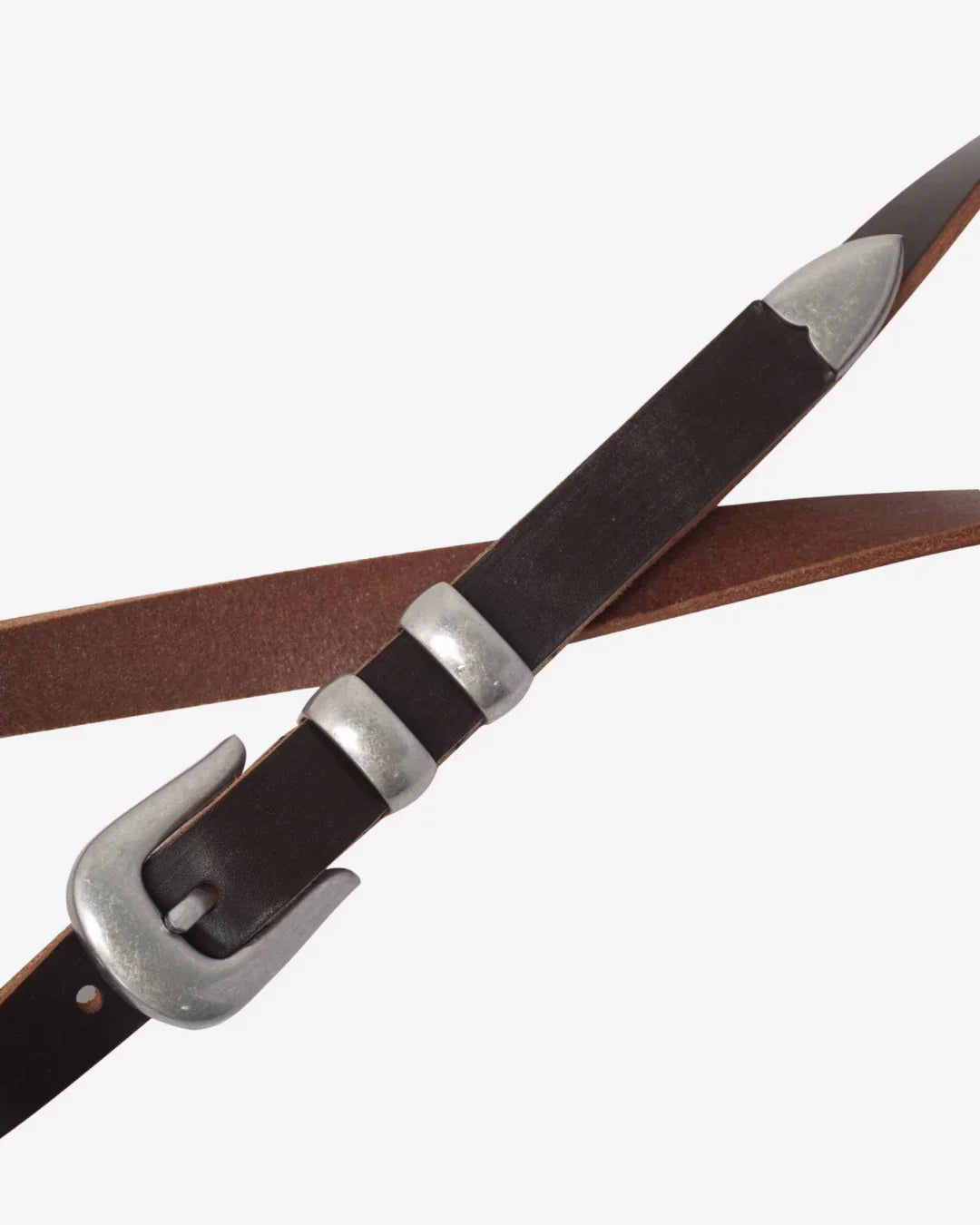 Image of a stylish brown leather Western belt with metallic tips and buckles, white background, product shoot