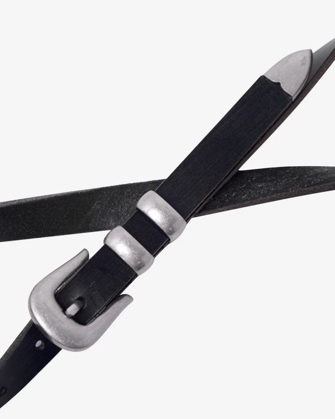 Image of a stylish black leather Western belt with metallic tips and buckles, placed on a white surface.