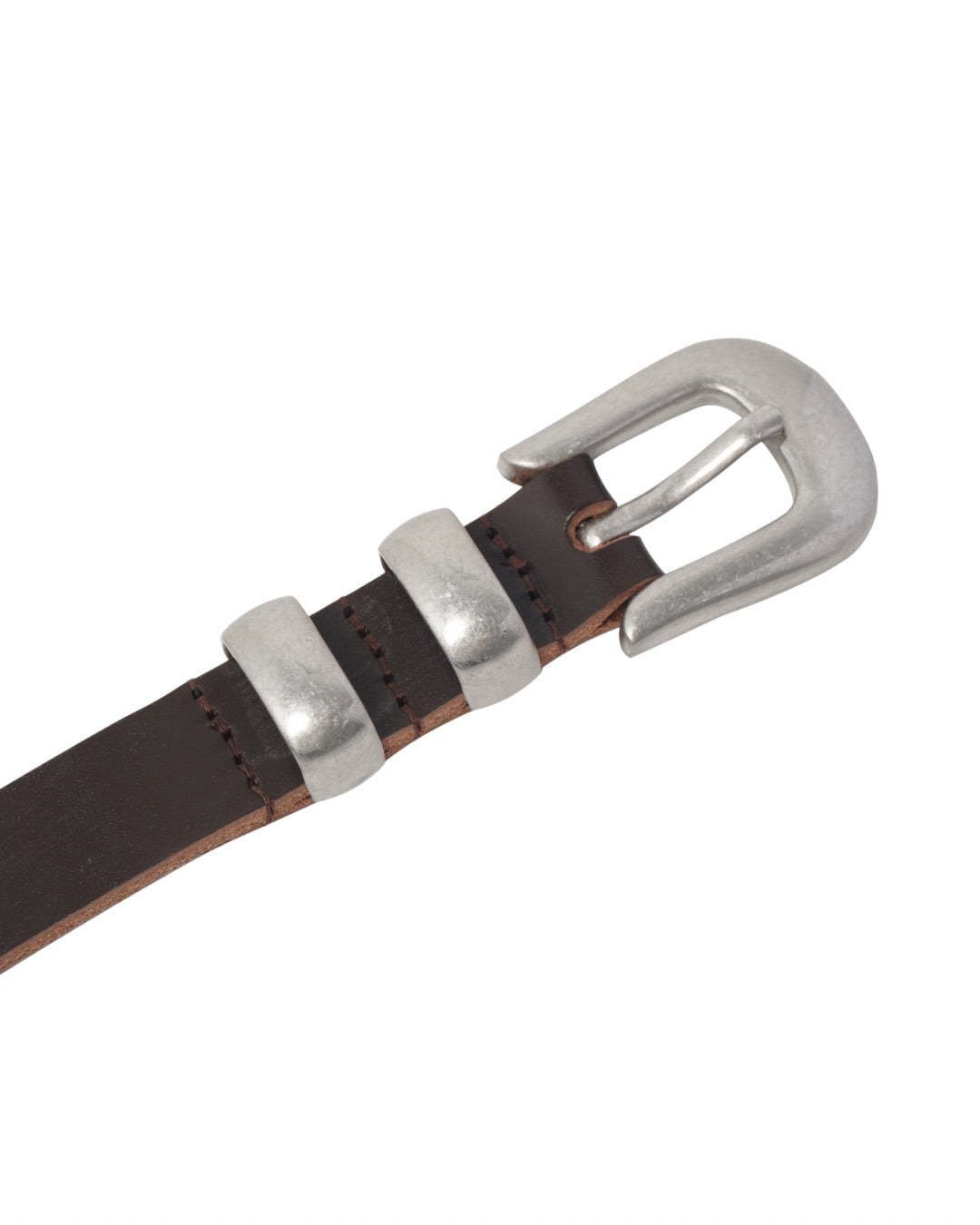 Image of a stylish brown leather Western belt with metallic buckles, white background, product shoot