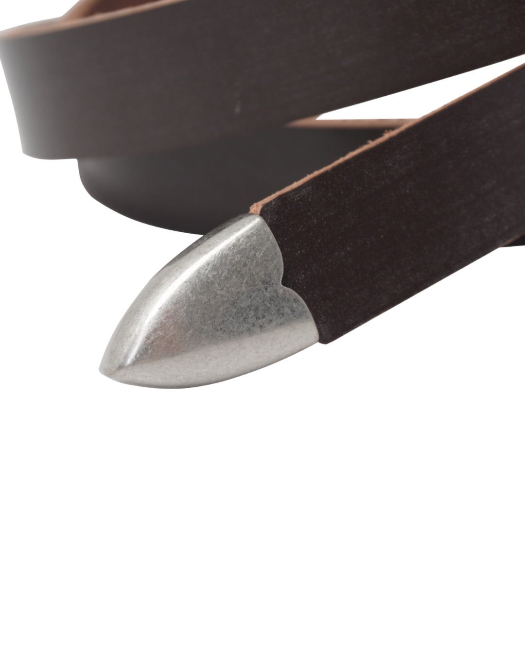 Image of a stylish brown leather Western belt with metallic tips, white background, product shoot