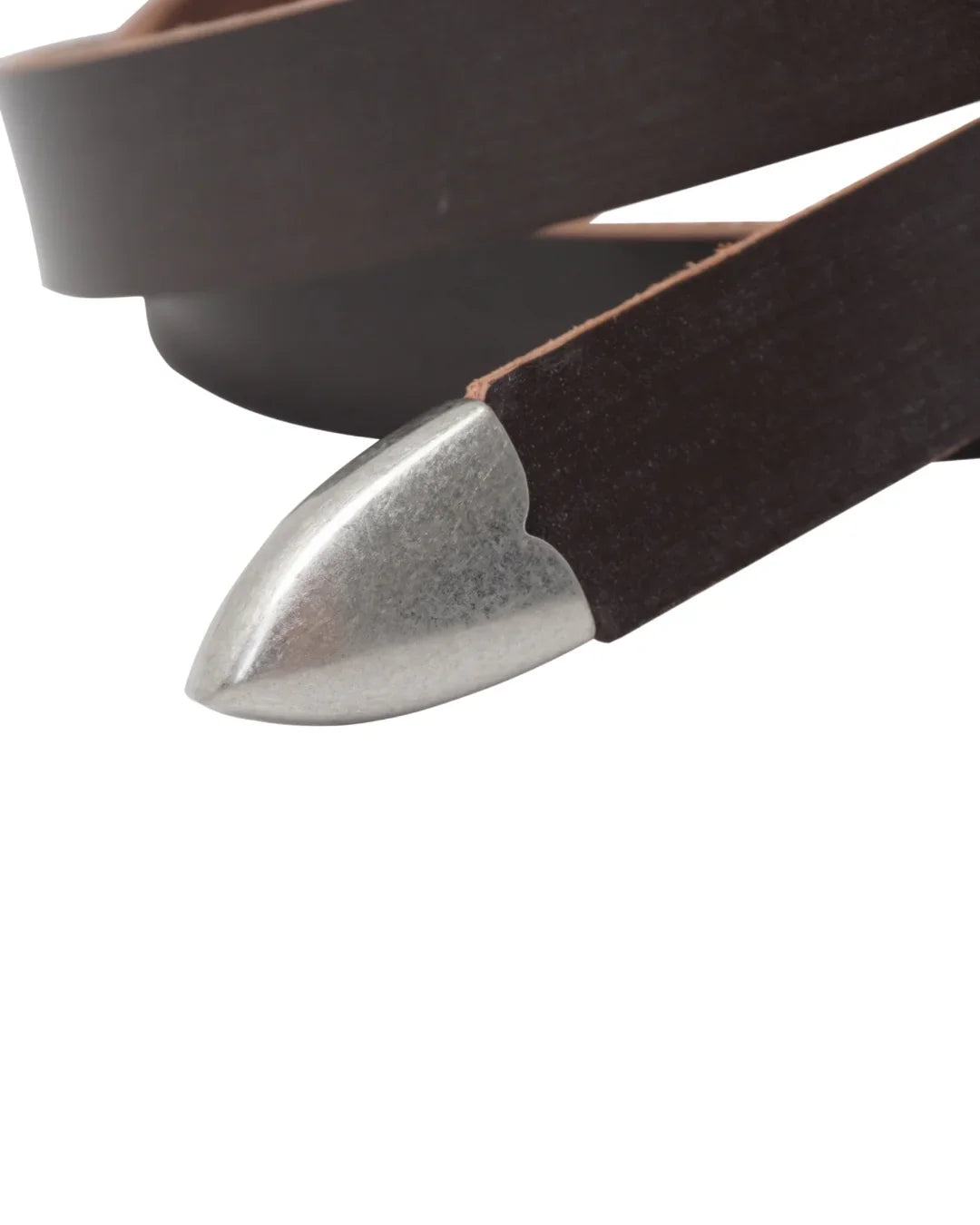 Image of a stylish brown leather Western belt with metallic tips, white background, product shoot