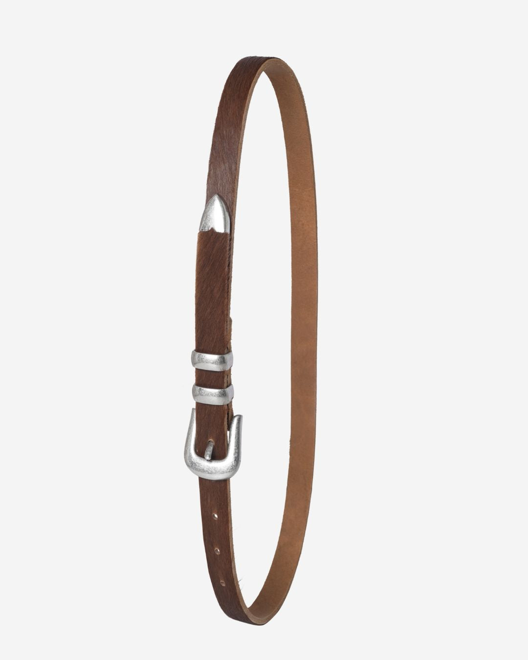 Brown leather belt with a silver buckle on a white background