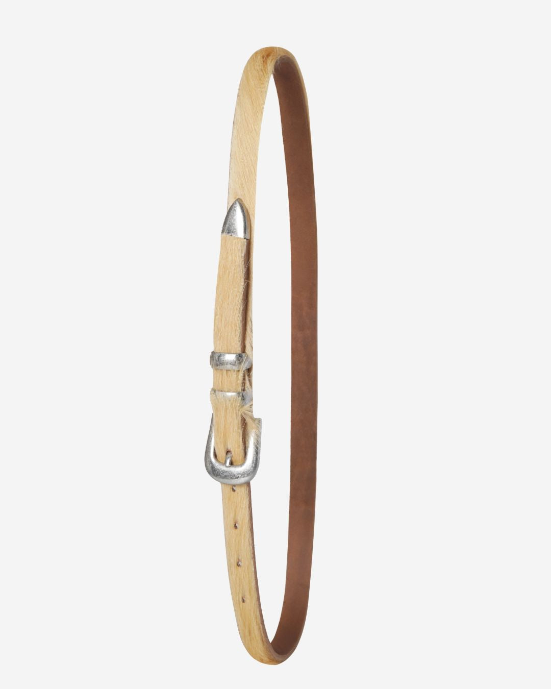Thin beige leather belt with a silver buckle on a light gray background