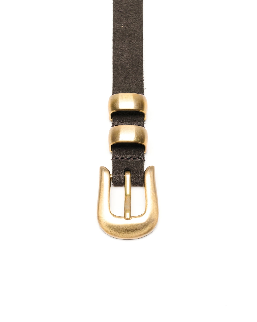 A close-up of a dark brown suede leather Western belt with a polished gold-tone buckle and matching gold-tone hardware, shown against a solid white background.