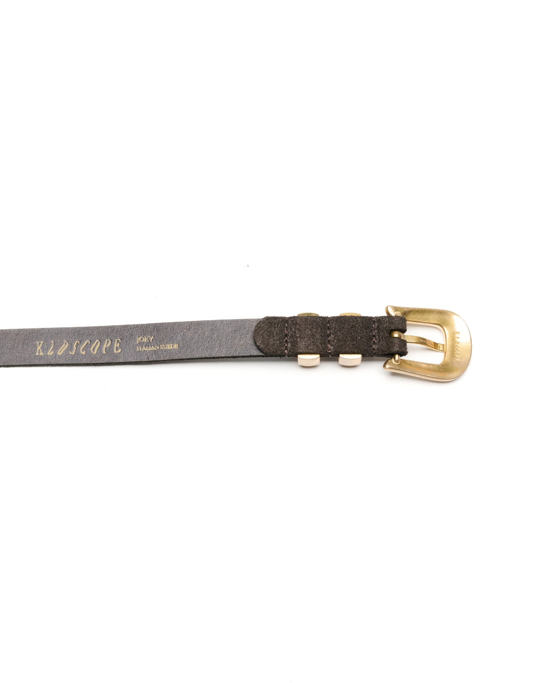 A close-up of a Charcoal brown leather Western belt strap with a gold-tone buckle, showing the brand name 'KLDSCOPE' printed on the strap.