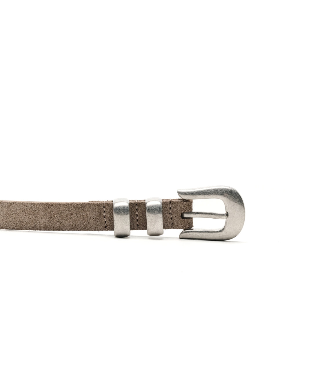 A close-up of a sand-grey suede Western belt with a silver-tone metal buckle, set against a plain white background.