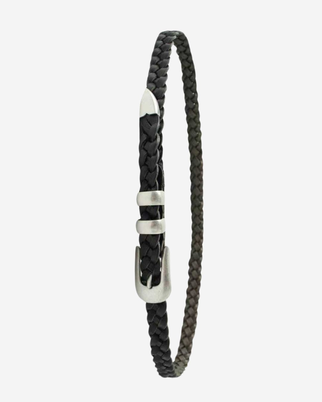Black braided belt with silver buckles on a white background