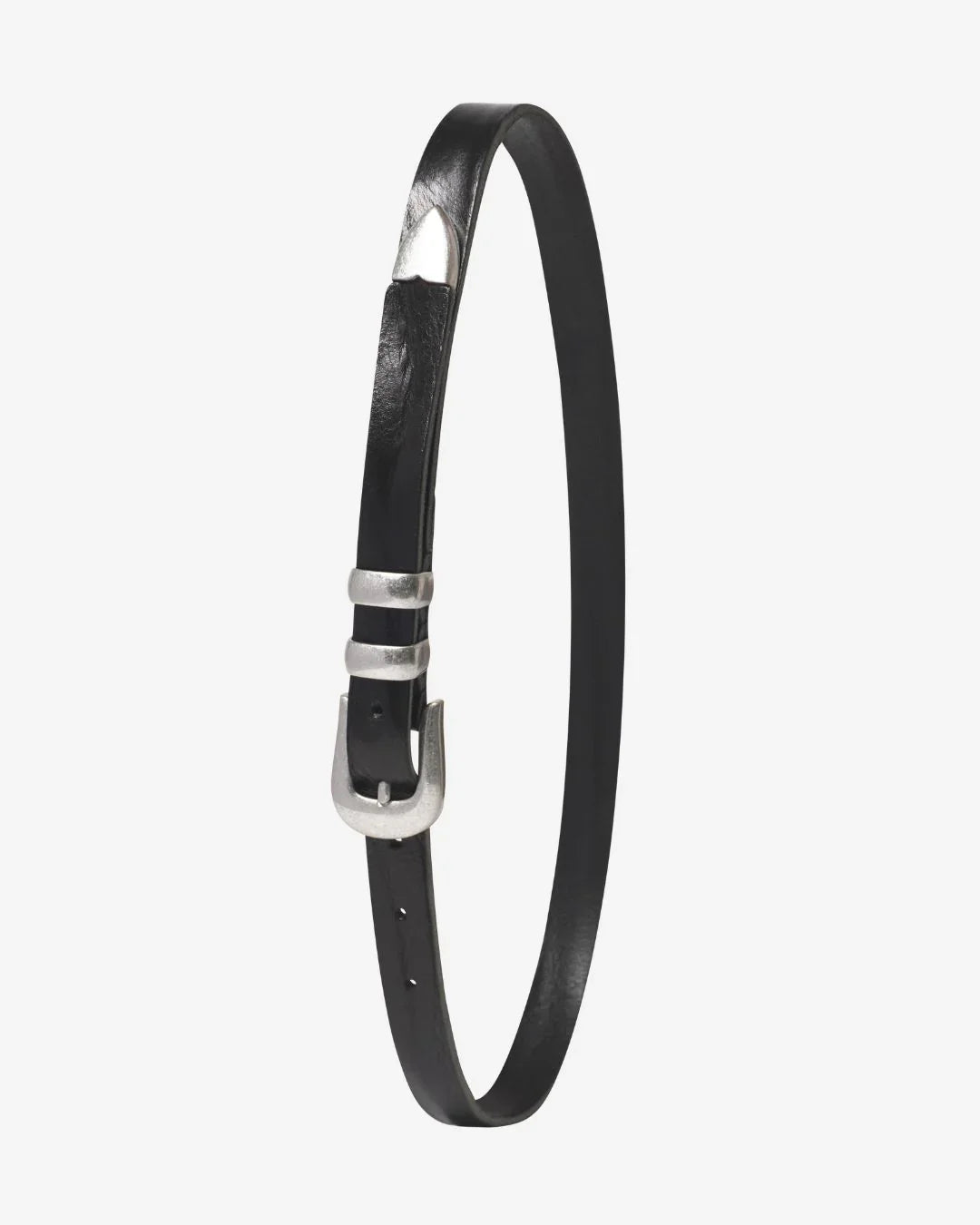 Image of a stylish black leather Western belt with metallic tips and buckles, white background, product shoot