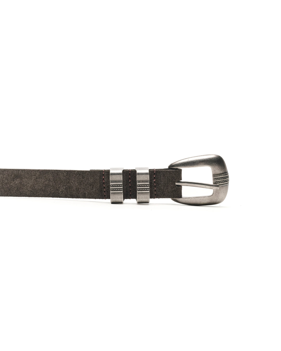 A close-up of a dark brown textured leather belt with a polished silver-tone metal buckle and keeper loops, shown against a plain white background.