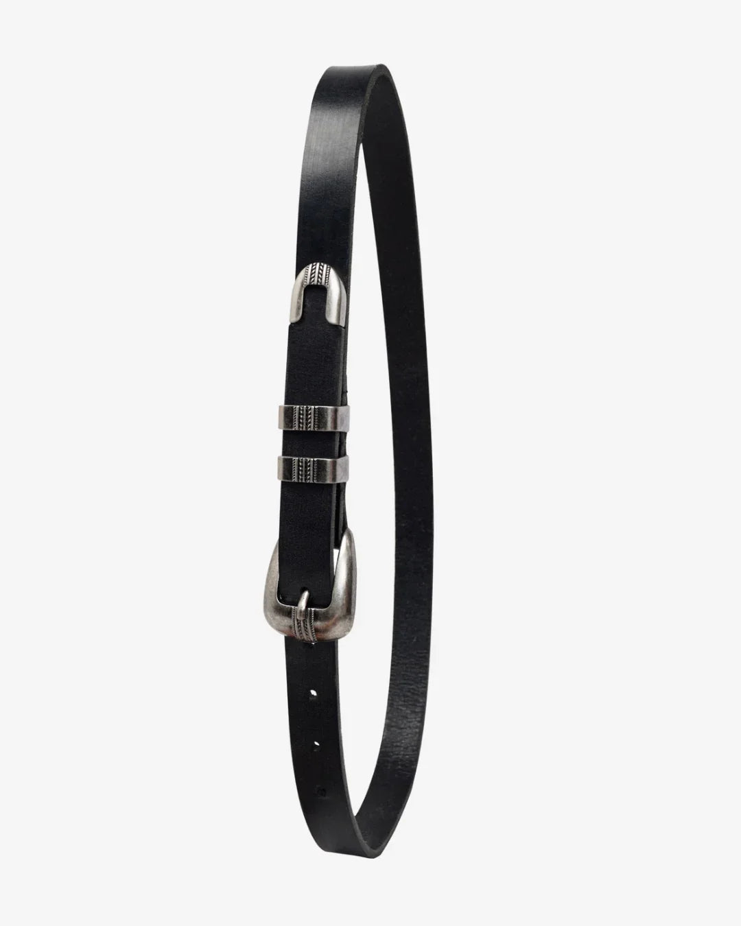 Black leather Western belt with silver buckle on a white background