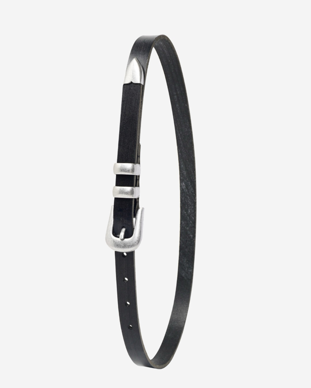Black leather belt with silver buckle on a white background