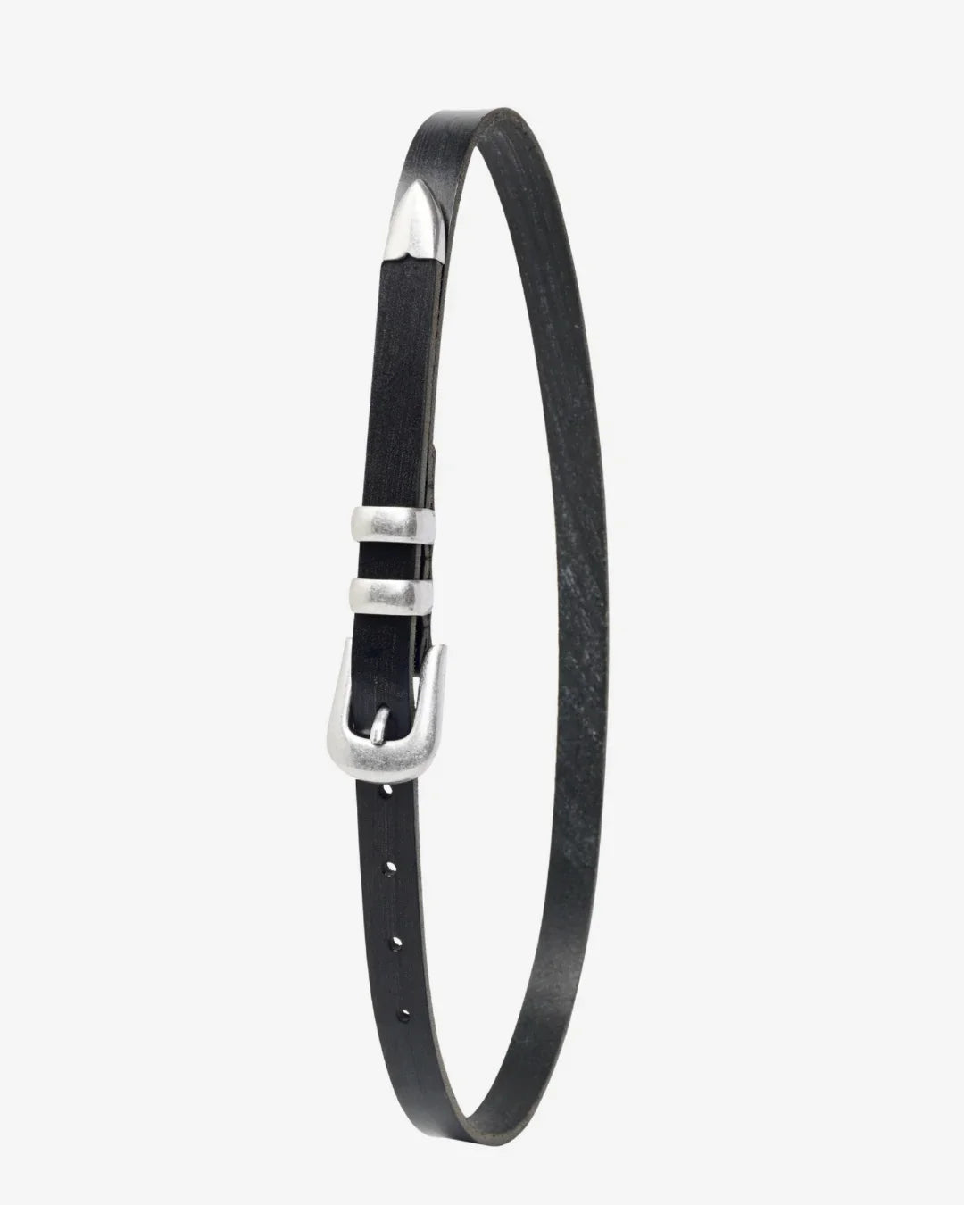 Black leather belt with silver buckle on a white background