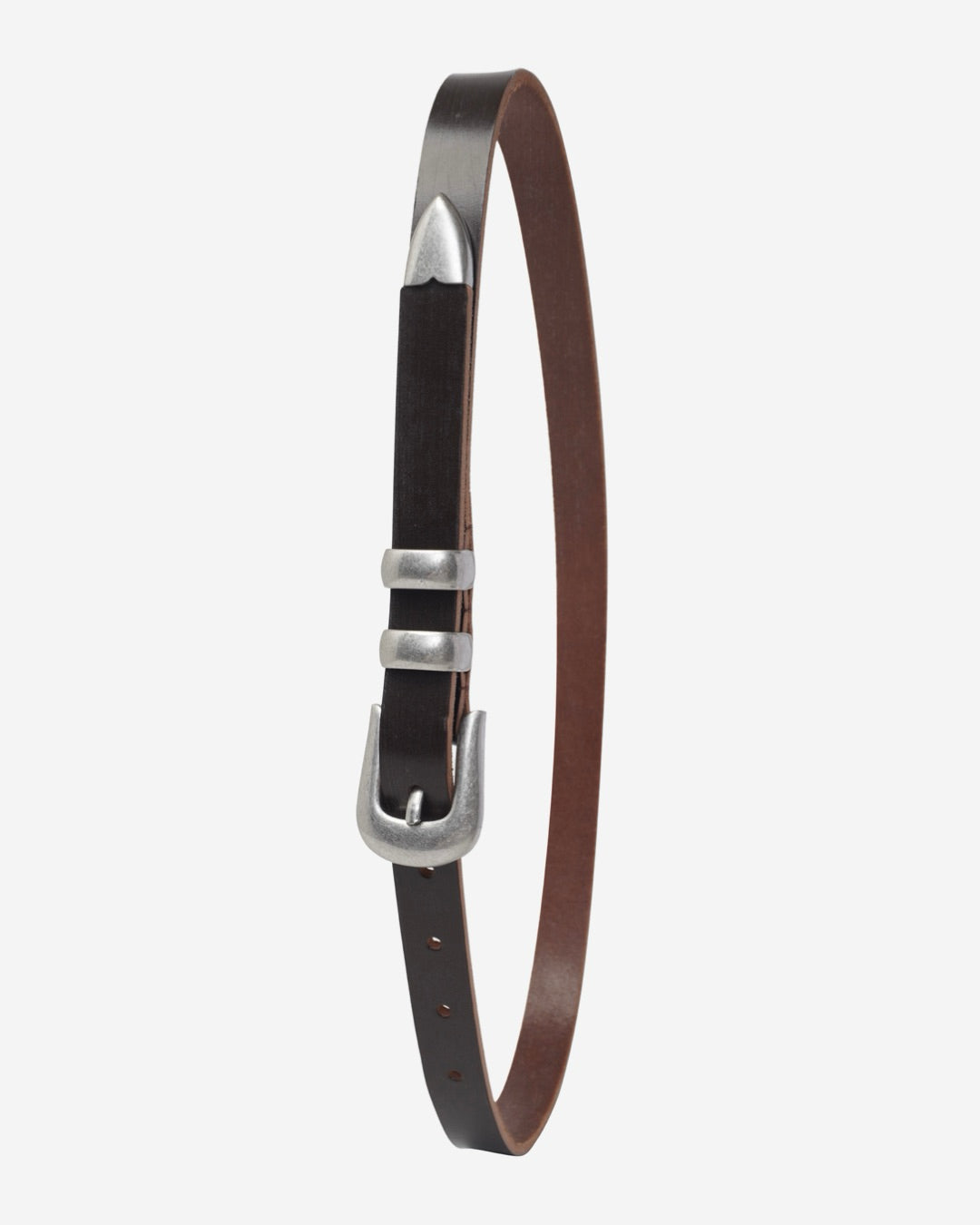 Brown leather belt with silver buckle on a white background