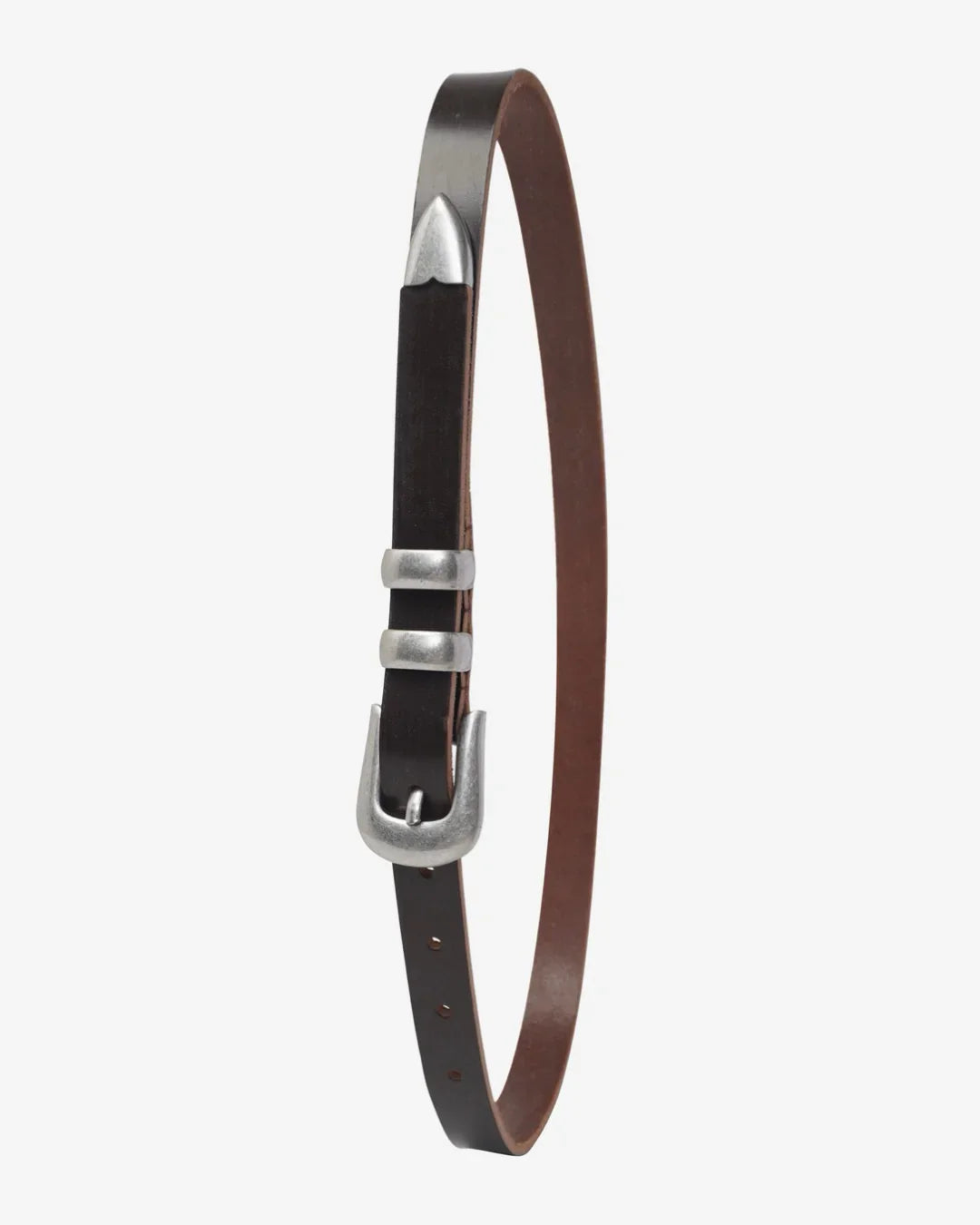 Brown leather belt with silver buckle on a white background