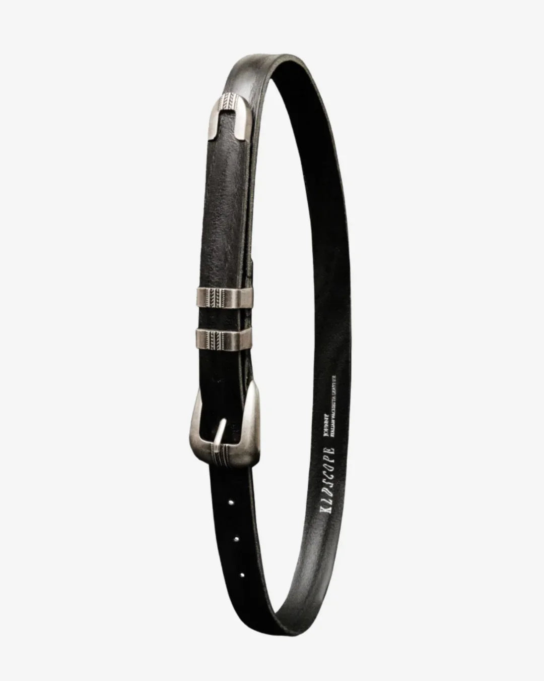 JOHNNY WAVE, Western Belt, Cowboy belt, Italian Leather, Vegetable tanned, Italian Vachetta Leather, black belt, four piece belt, belt bag, KLDSCOPE, Kaleidoscope, front view, product photo