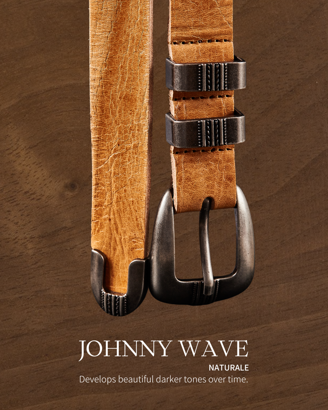 JOHNNY WAVE NATURALE, Western Belt, Cowboy belt, Italian Leather, Vegetable tanned, Italian Vachetta Leather, brown belt, four piece belt, belt bag, KLDSCOPE, Kaleidoscope, front view, product photo, detials