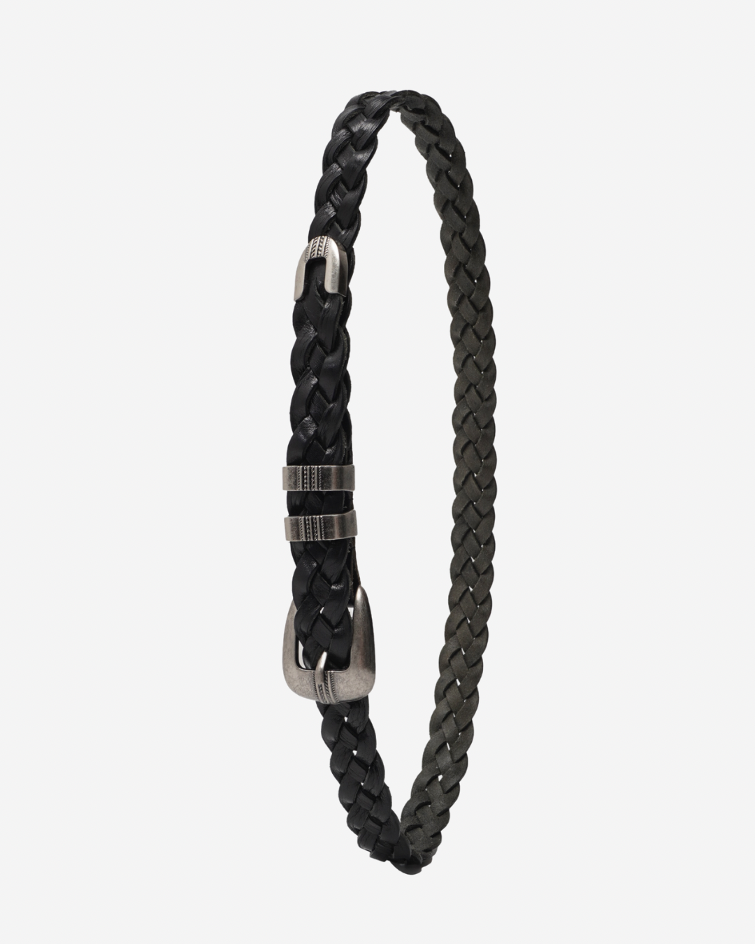 Deep black matte Western belt by KLDSCOPE with braided leather, featuring a metallic Johnny belt buckle with etched detailing, a stylish men’s fashion accessory, shop now