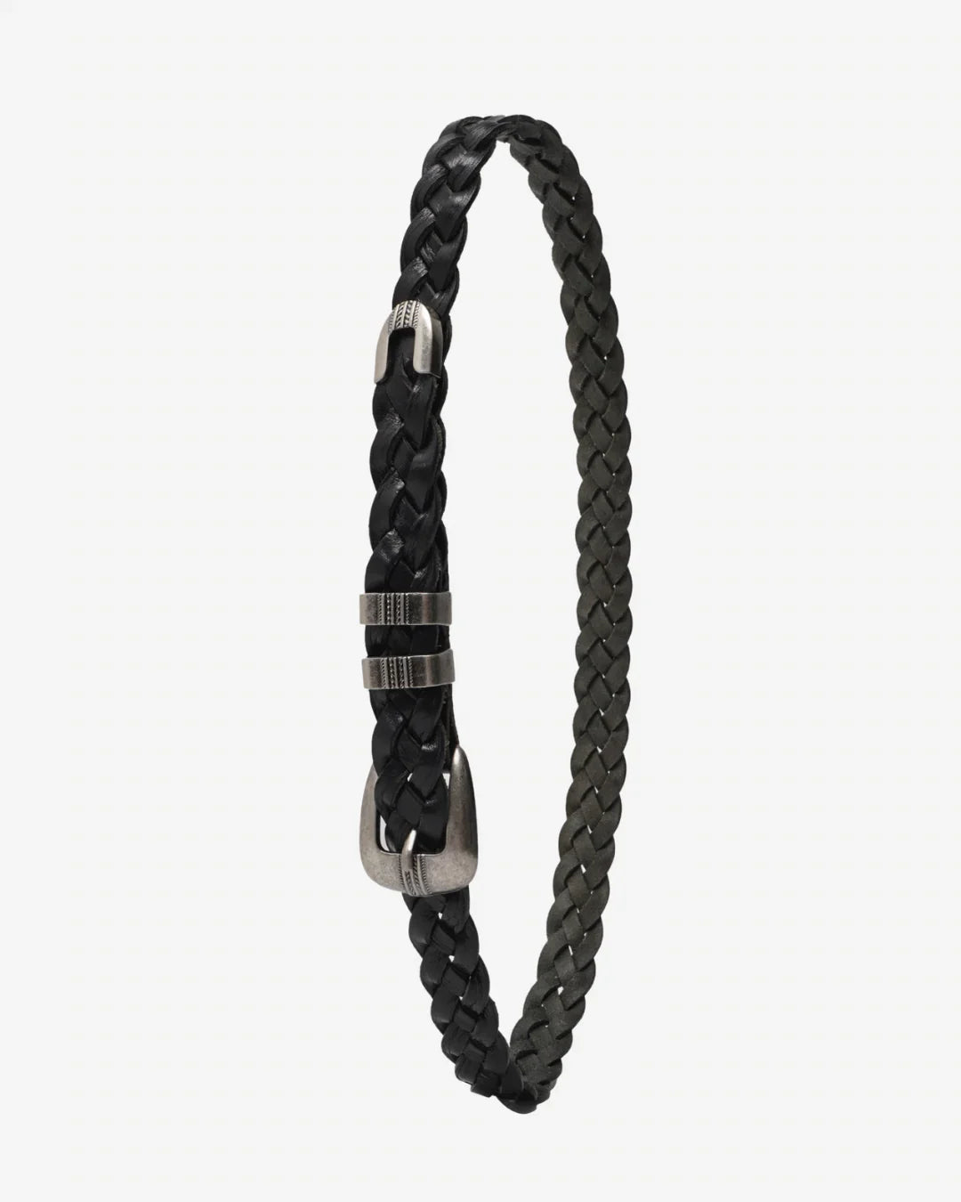Deep black matte Western belt by KLDSCOPE with braided leather, featuring a metallic Johnny belt buckle with etched detailing, a stylish men’s fashion accessory, shop now