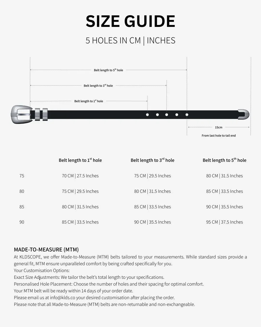 Size guide for a belt with measurements in centimeters and inches.