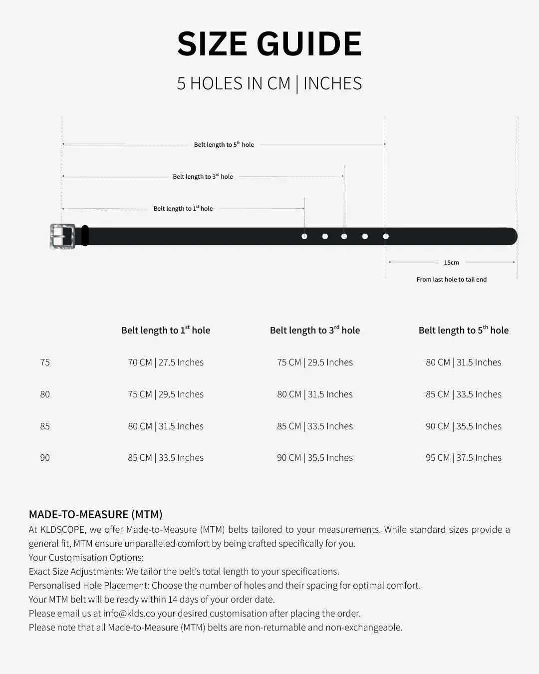 Size guide for a belt with measurements in centimeters and inches.
