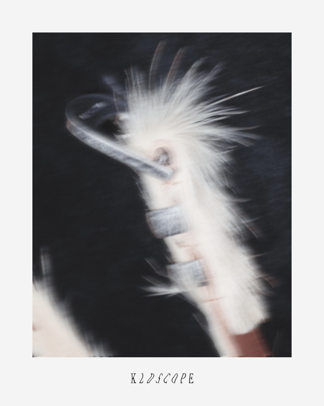 Close-up of a white feathered object with a blurred background, featuring the brand 'KLDSCOPE'.