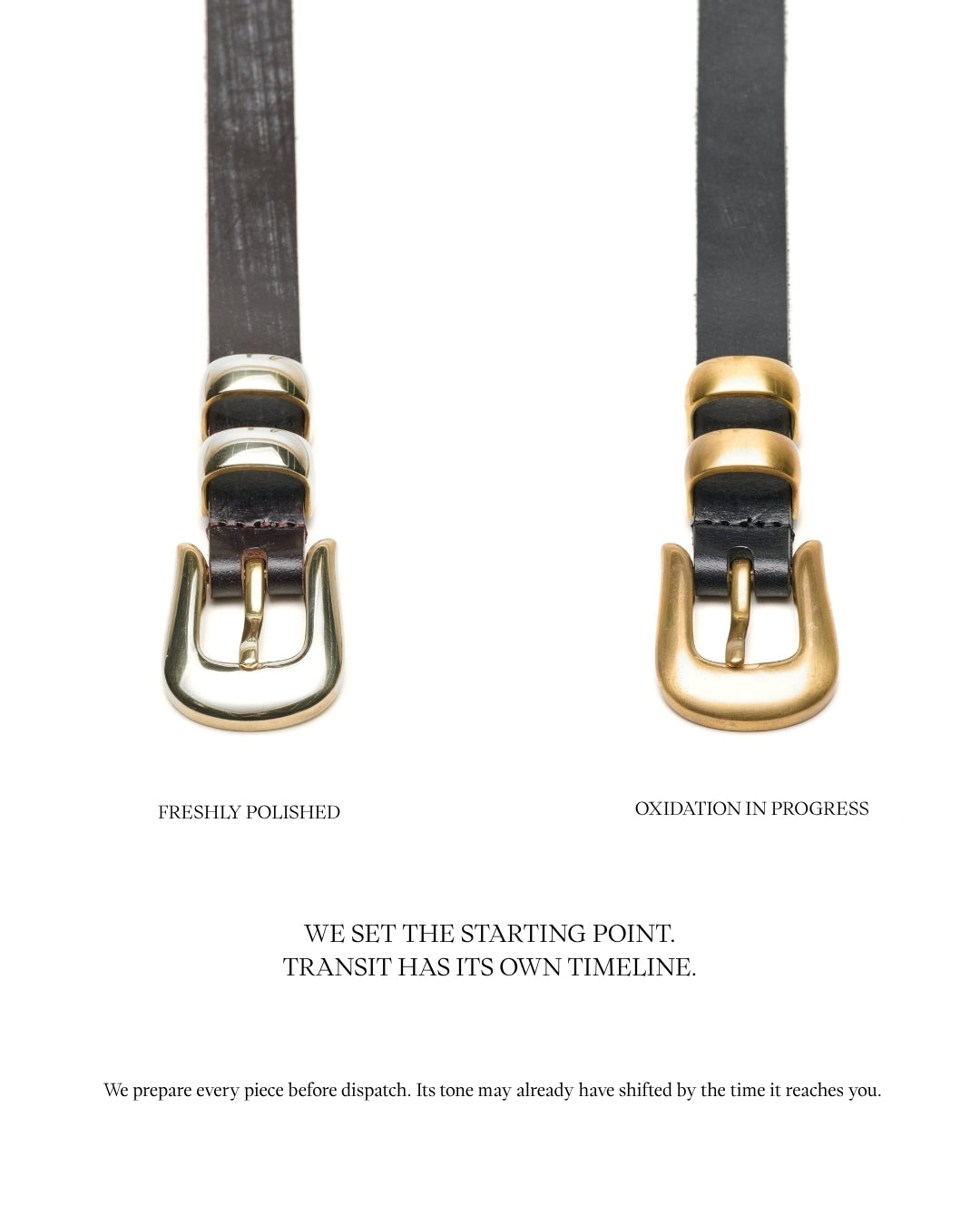 Freshly polished and naturally oxidised JOEY solid brass hardware, showing how the tone may shift before delivery.