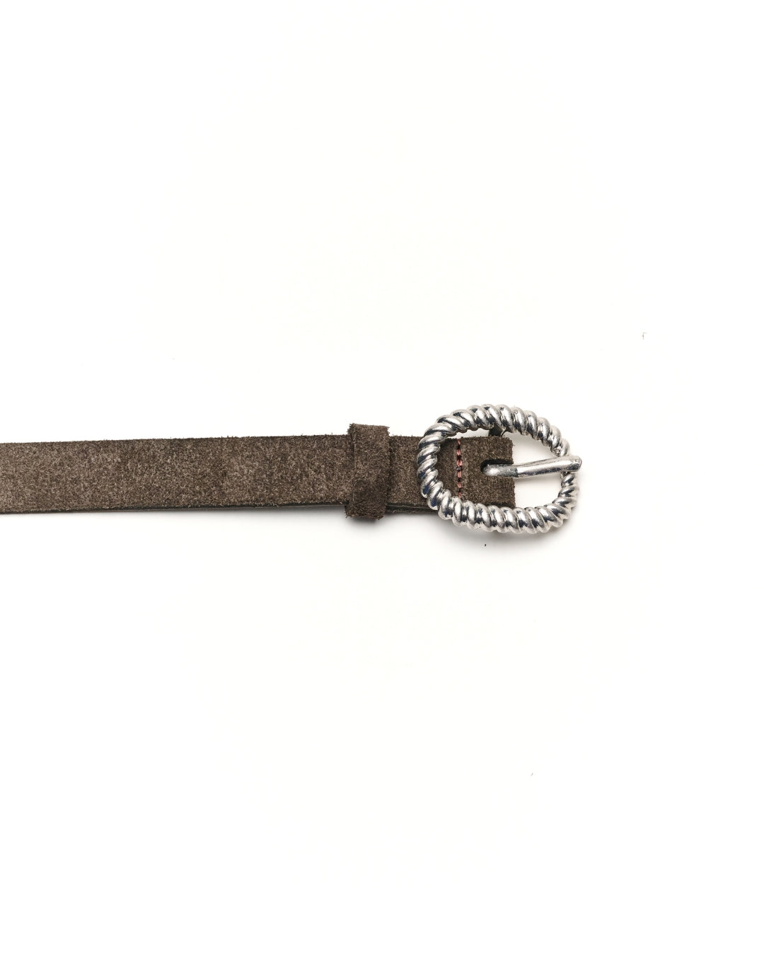 A close-up of a charcoal-brown suede Western belt with a textured silver-toned twisted buckle, shown against a plain white background.