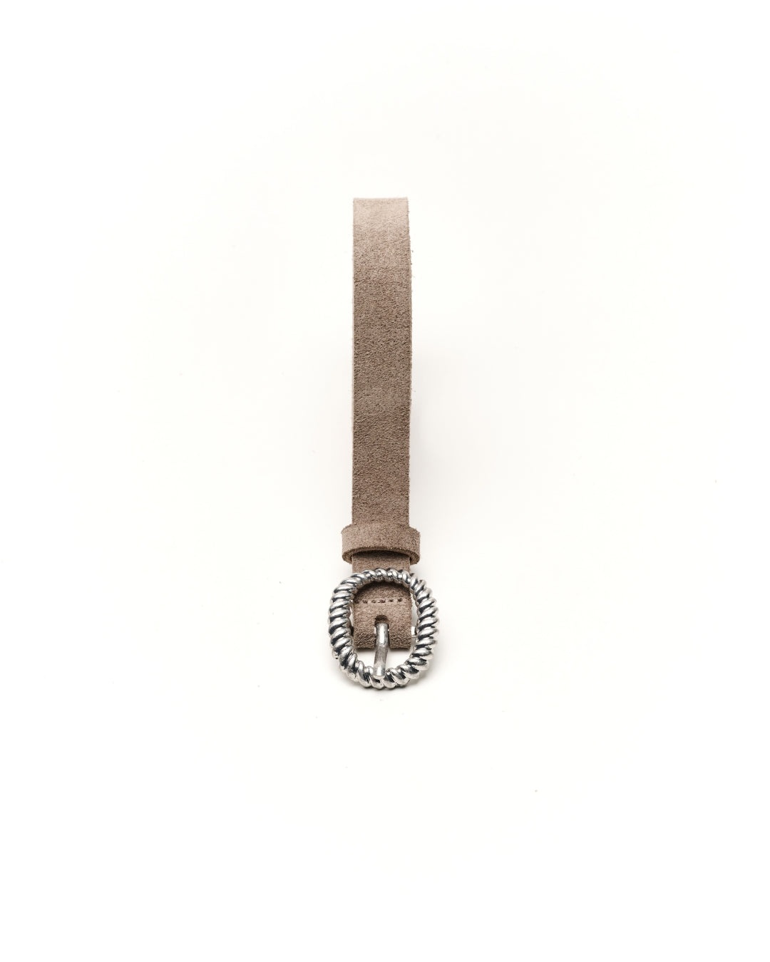 A sand grey leather belt strap with a decorative silver-toned metal buckle, shown against a plain white background.