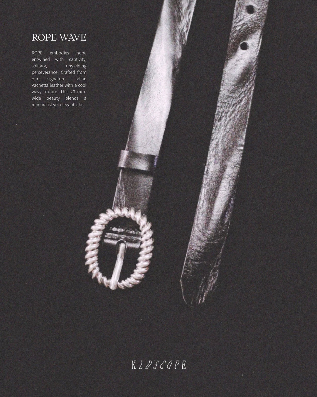 Black and white illustration of a belt with a decorative buckle on a dark background, featuring text about the 'Rope Wave' design.