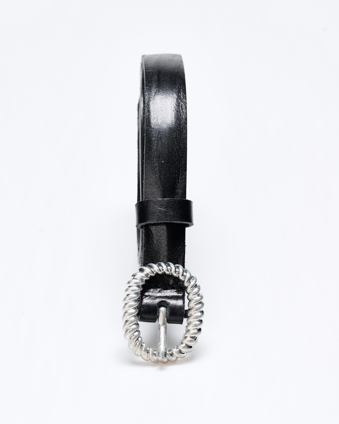 Black leather belt with a silver buckle on a white background