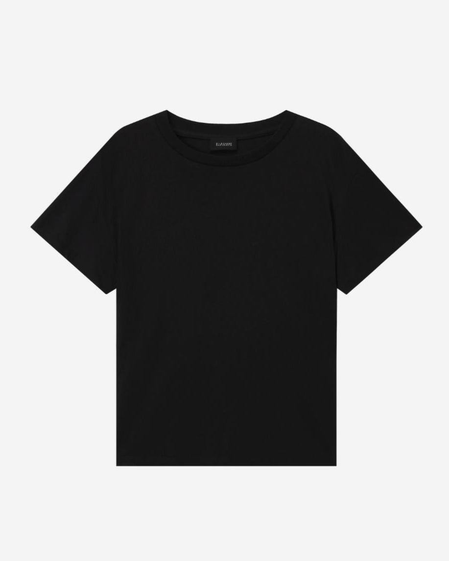 Black t-shirt on a white background, front view, product shot