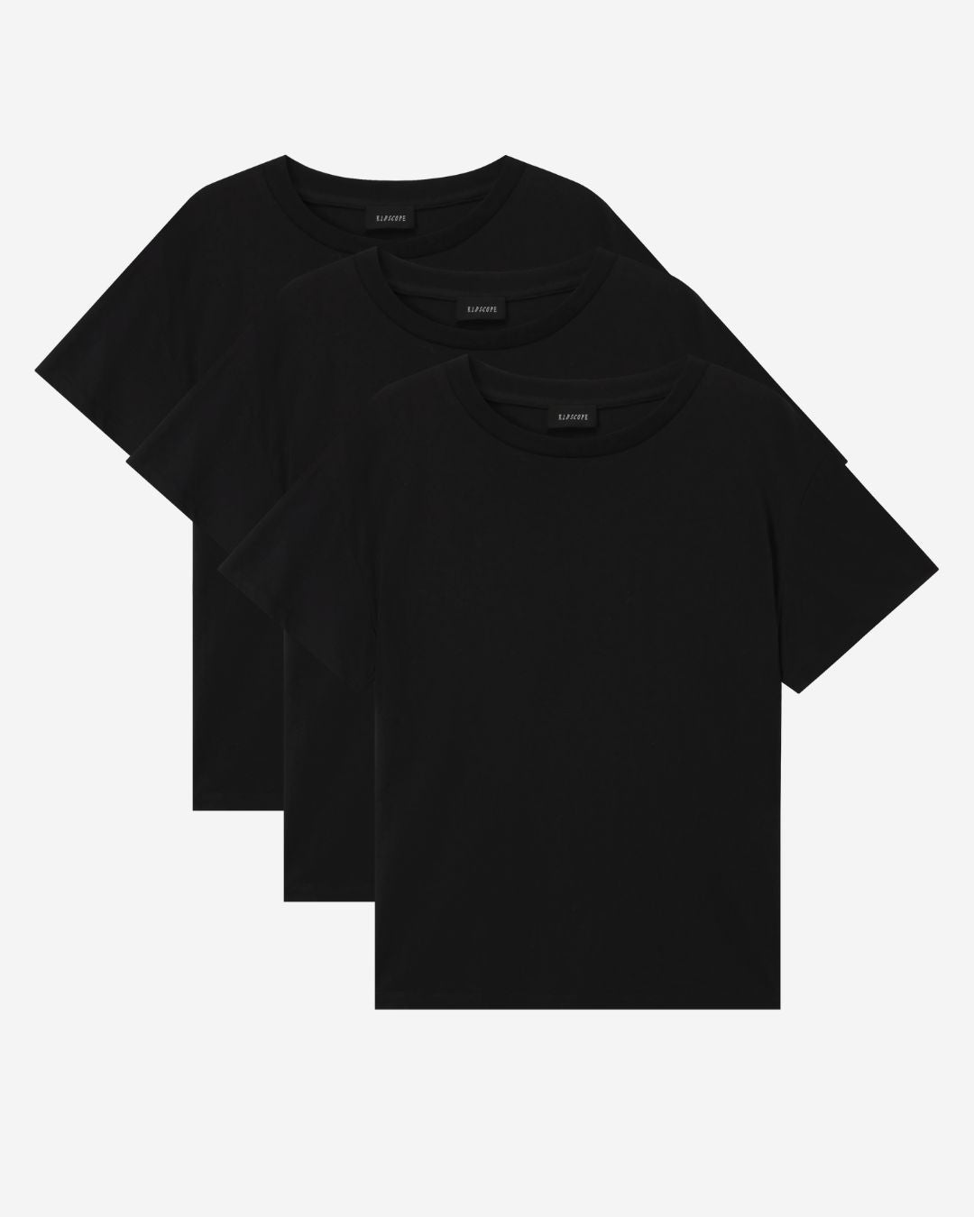 Three black t-shirts stacked on a white background