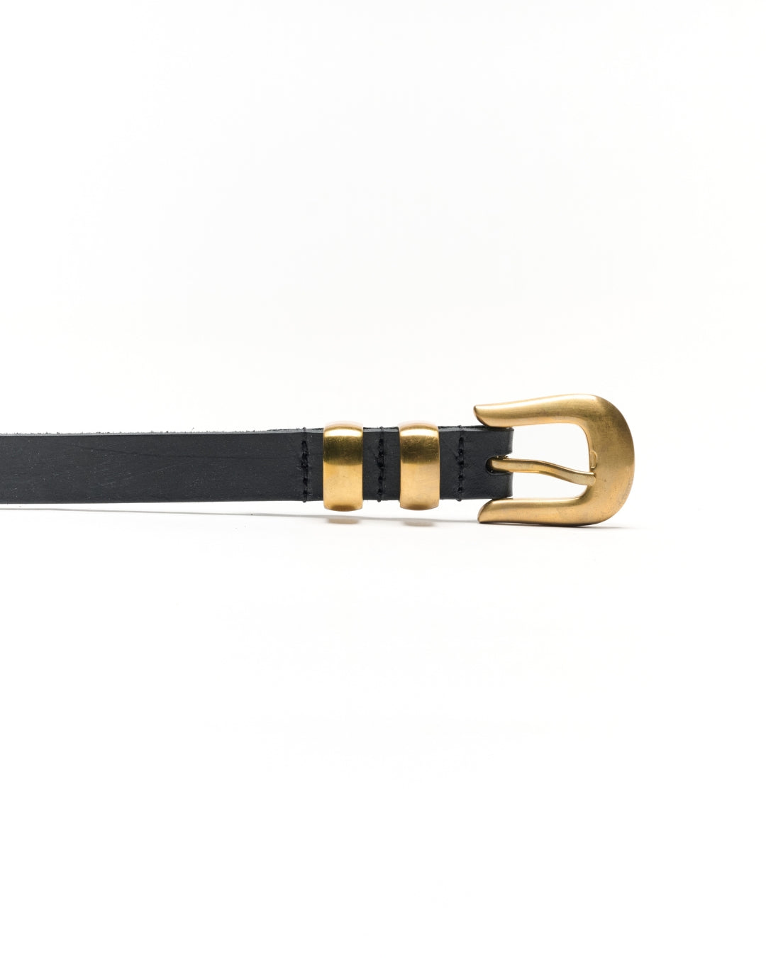 Front view of the complete JOEY Classic Black belt with two solid brass keepers and unlacquered solid brass buckle.