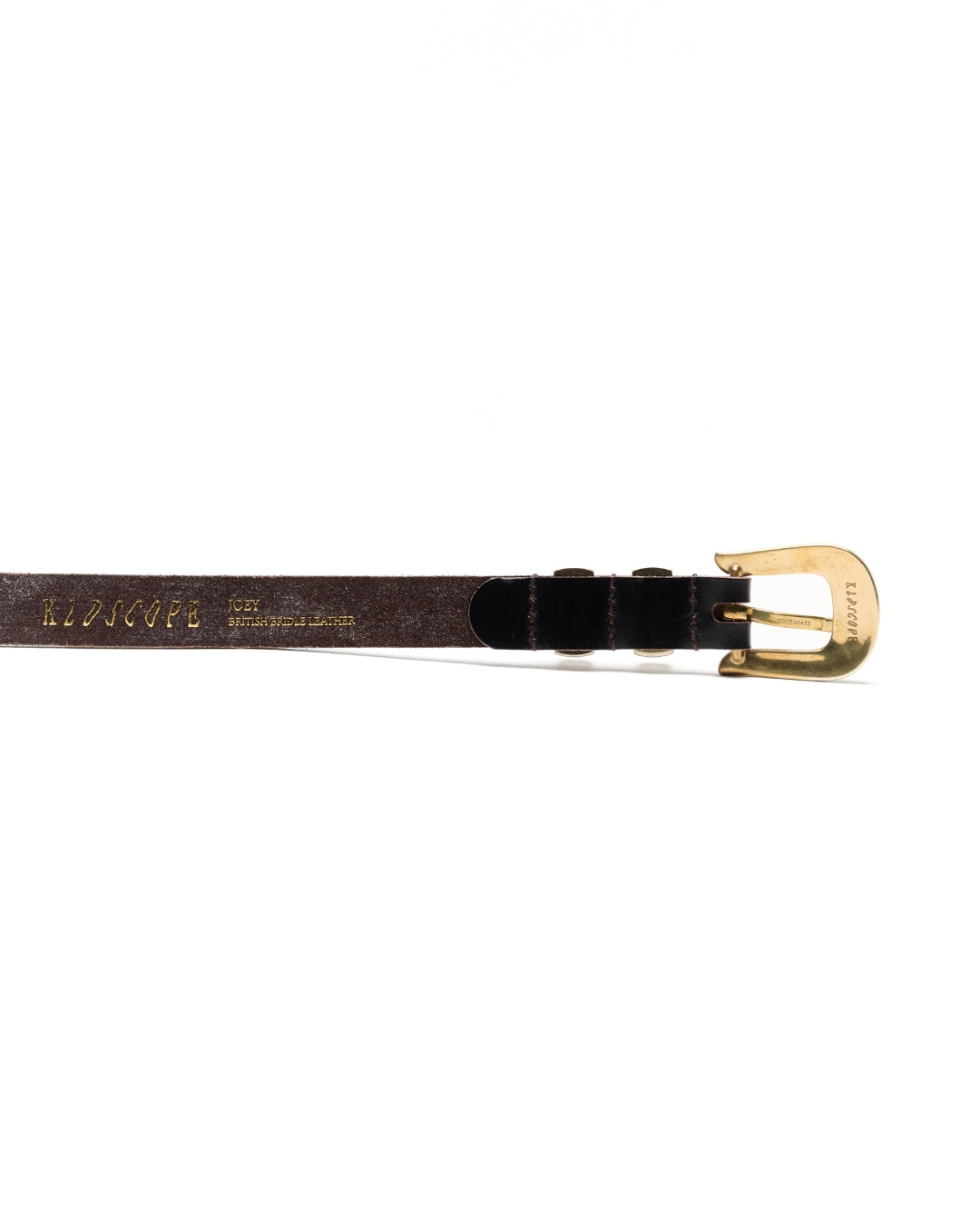 Reverse of the KLDSCOPE JOEY Classic Choco belt showing British bridle leather markings, stitching and solid brass buckle.