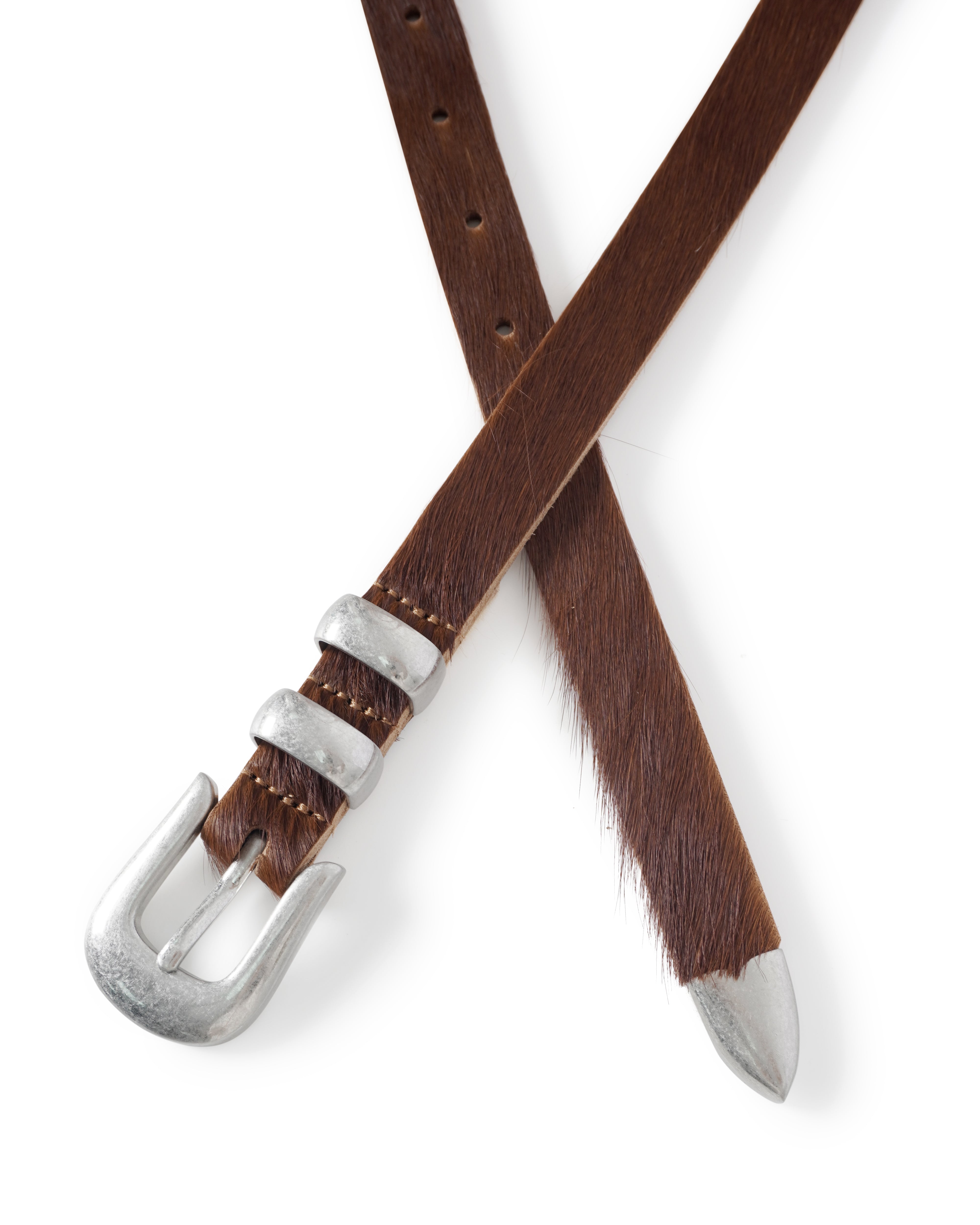 Brown leather belt with silver buckle on a white background