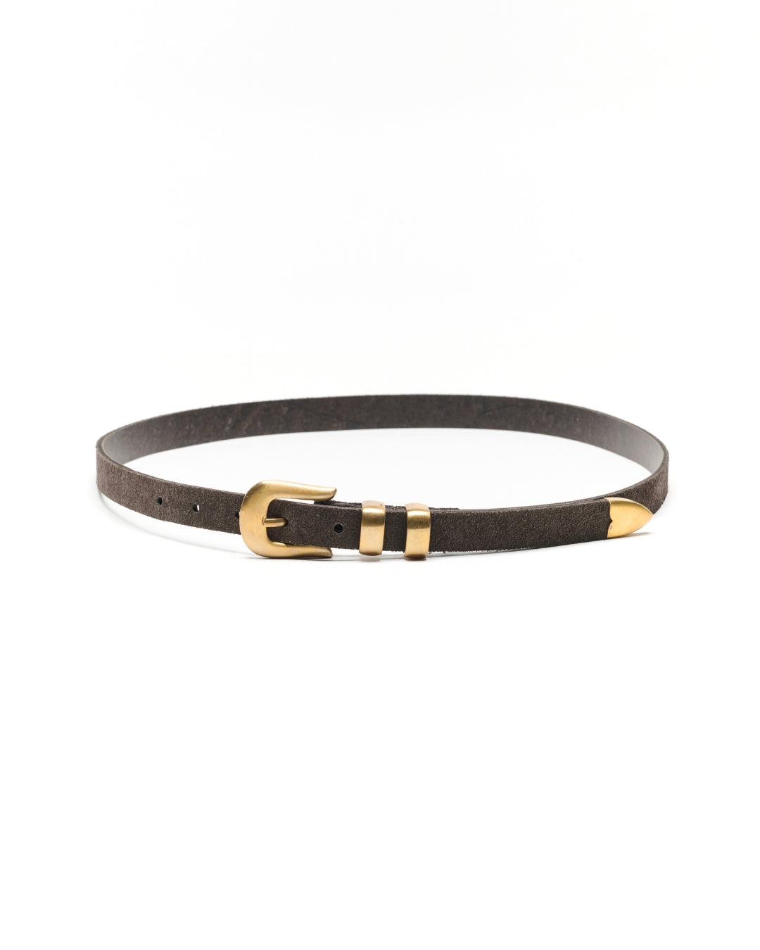 A dark brown suede leather Western belt with a gold-tone buckle and matching gold-tone tip, displayed on a clean white background.