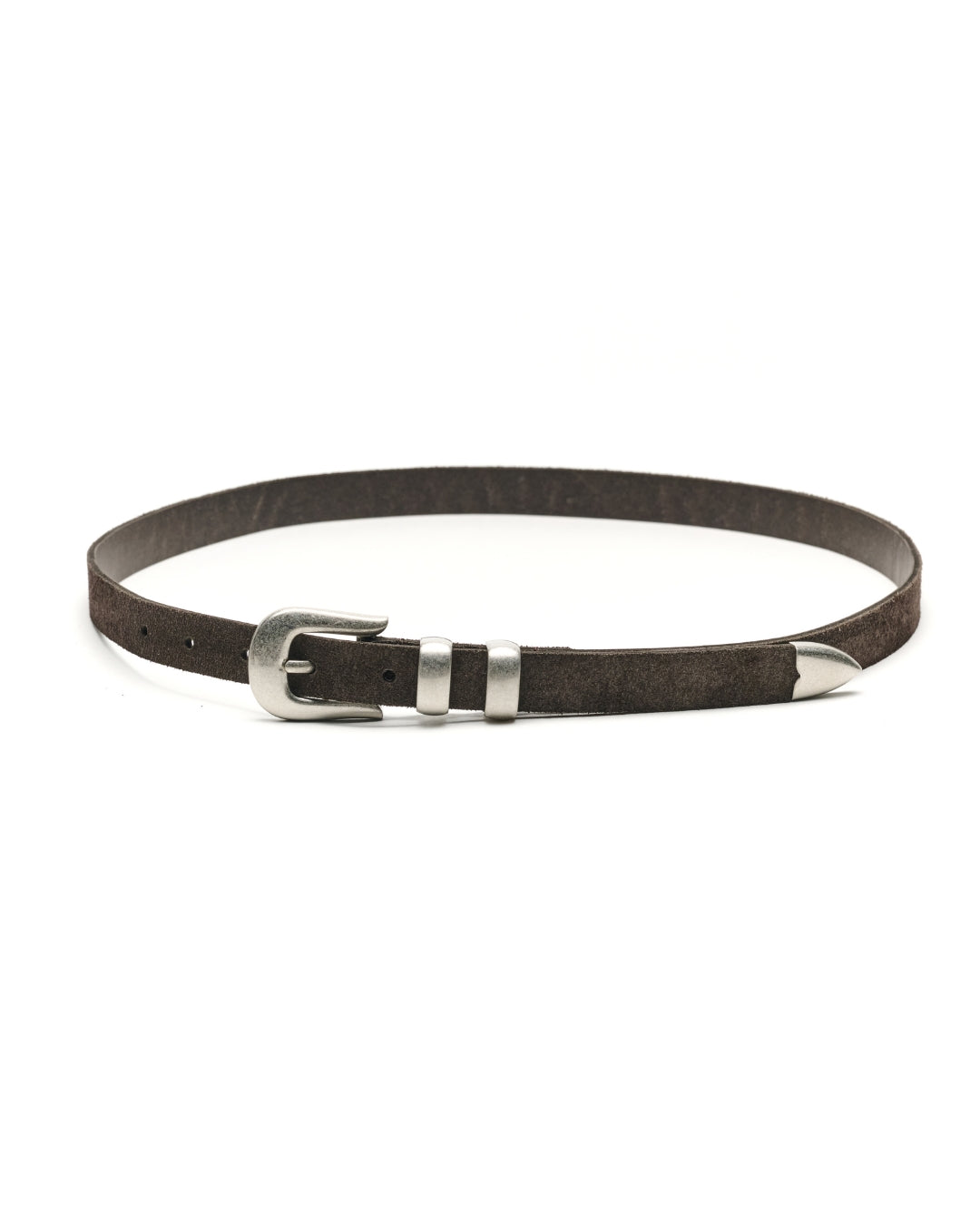A dark brown textured leather belt with a silver-tone metal buckle and silver-toned hardware, displayed on a clean white background.