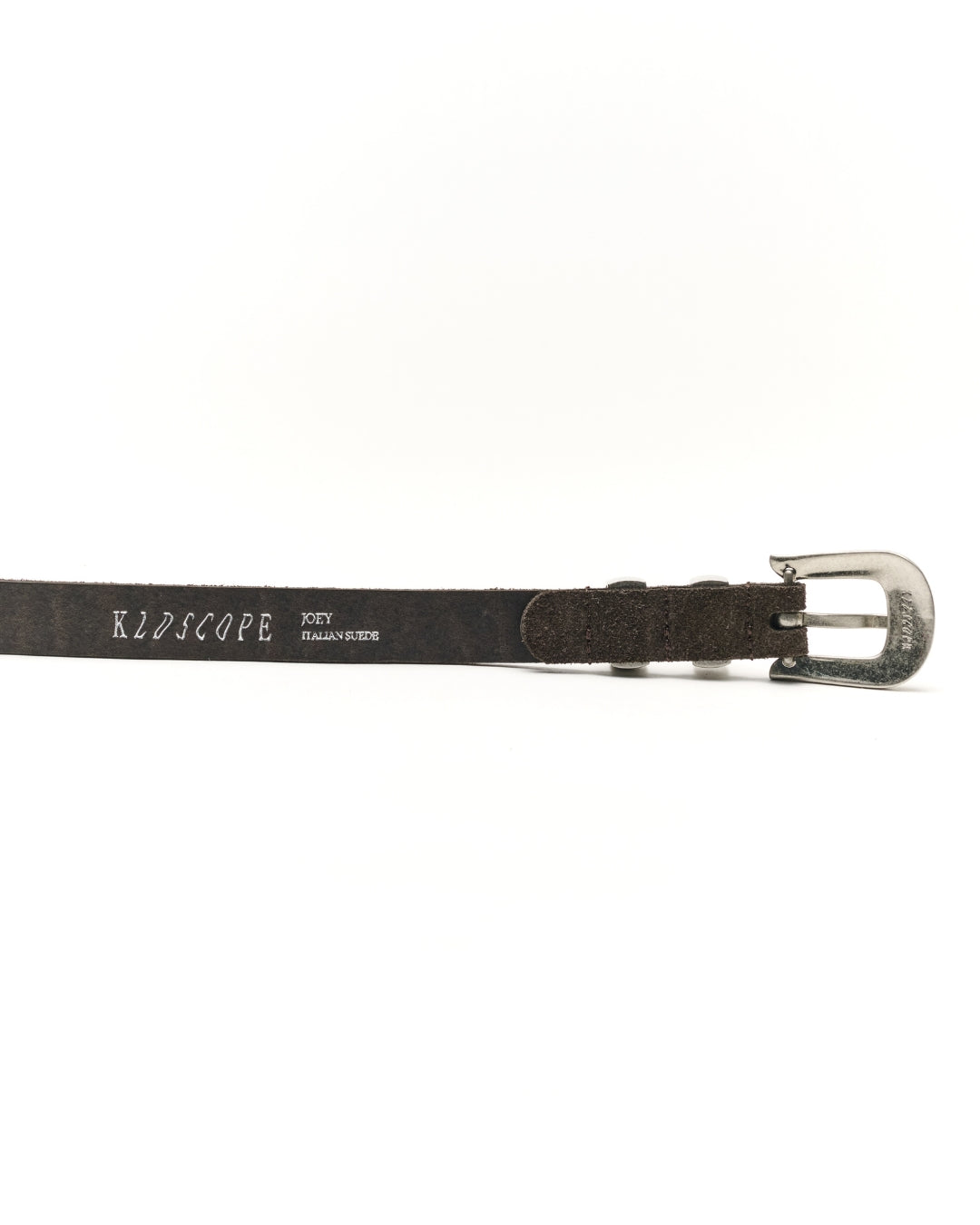 A charcoal brown textured leather belt with a silver-tone metal buckle, featuring the brand name 'KLDSCOPE' printed in white on the strap, set against a plain white background.