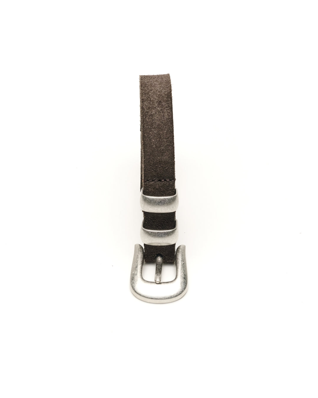 A charcoal brown leather Western belt with a silver-toned metal buckle, shown vertically against a plain white background.