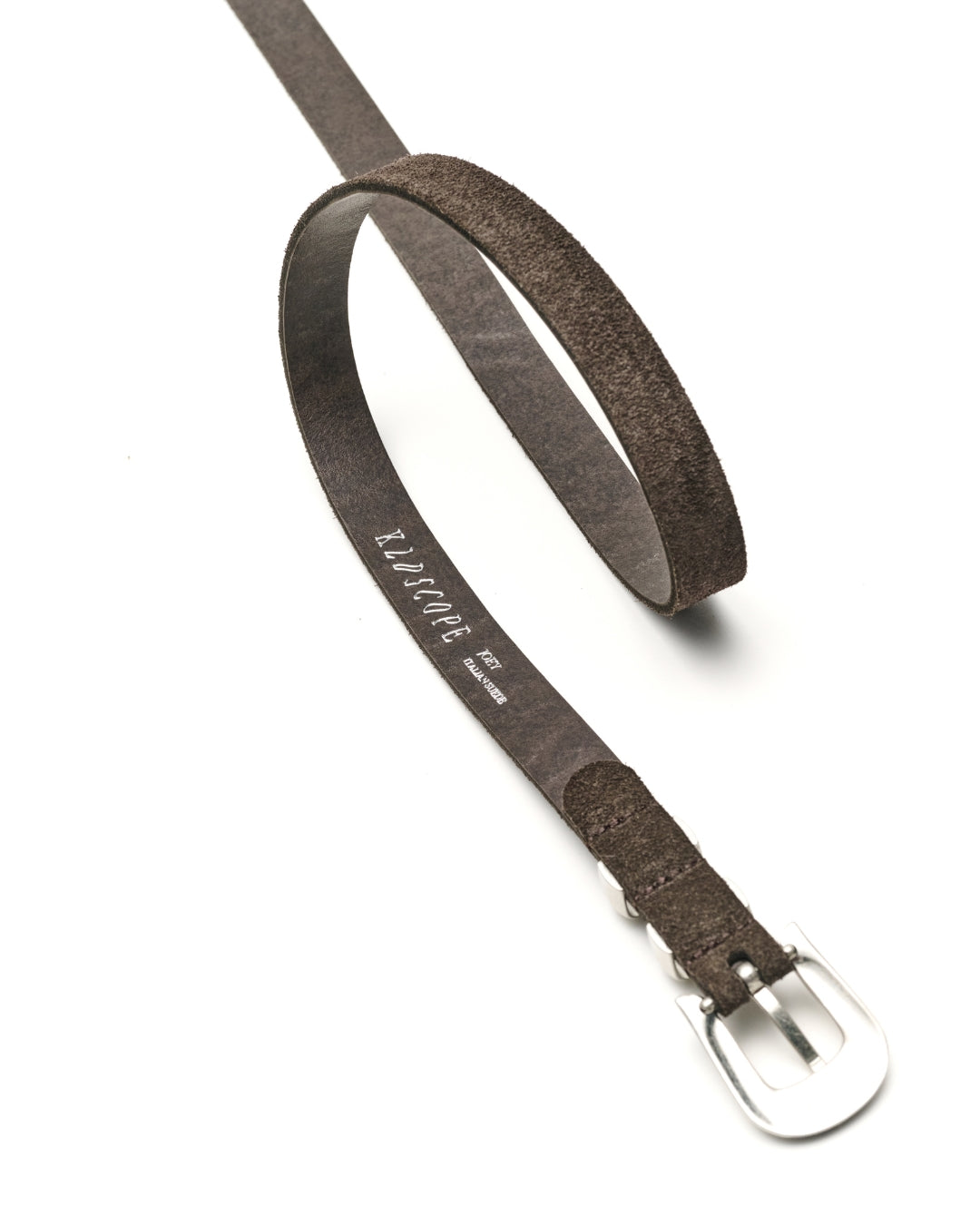 A charcoal brown textured leather belt with a silver metal buckle, shown on a clean white background. The brand name 'KLDSCOPE' is printed in silver on the inner strap.
