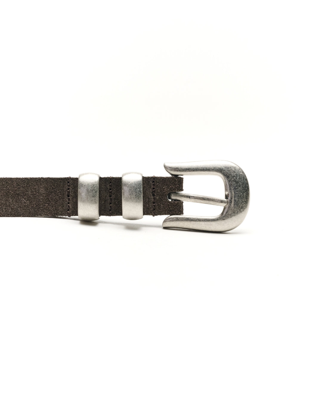 A close-up of a dark brown Western leather belt with a silver-toned metal buckle, resting on a plain white background.