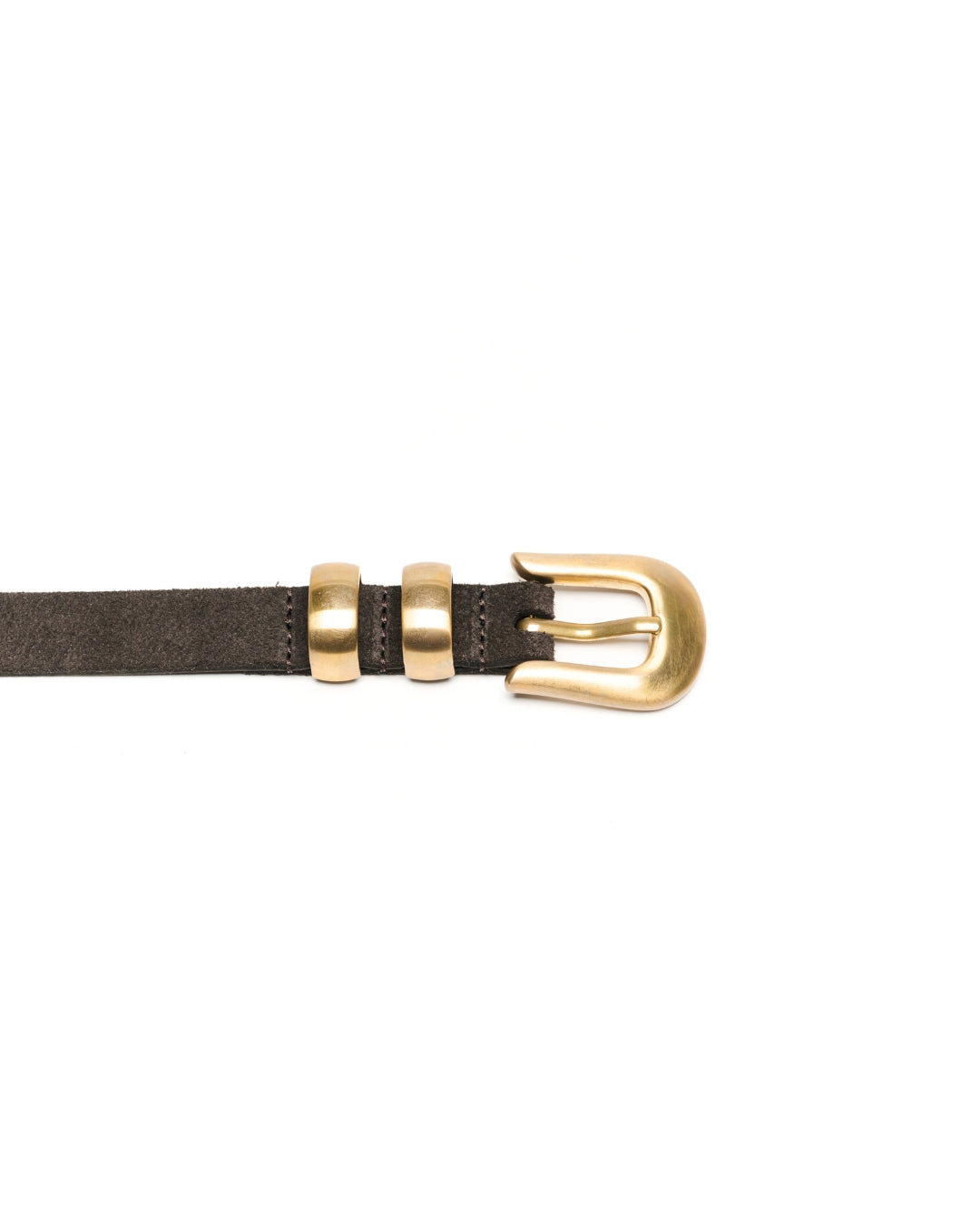 A close-up of a charcoal brown suede leather Western belt with a polished gold-tone metal buckle and keeper loops, shown against a solid white background.