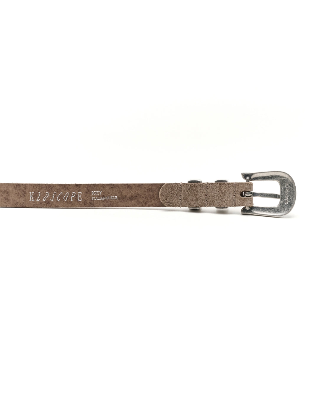 A sand-grey textured leather Western belt with a silver-tone metal buckle, shown horizontally against a plain white background. The brand name 'KLDSCOPE' is embossed on the leather strap.