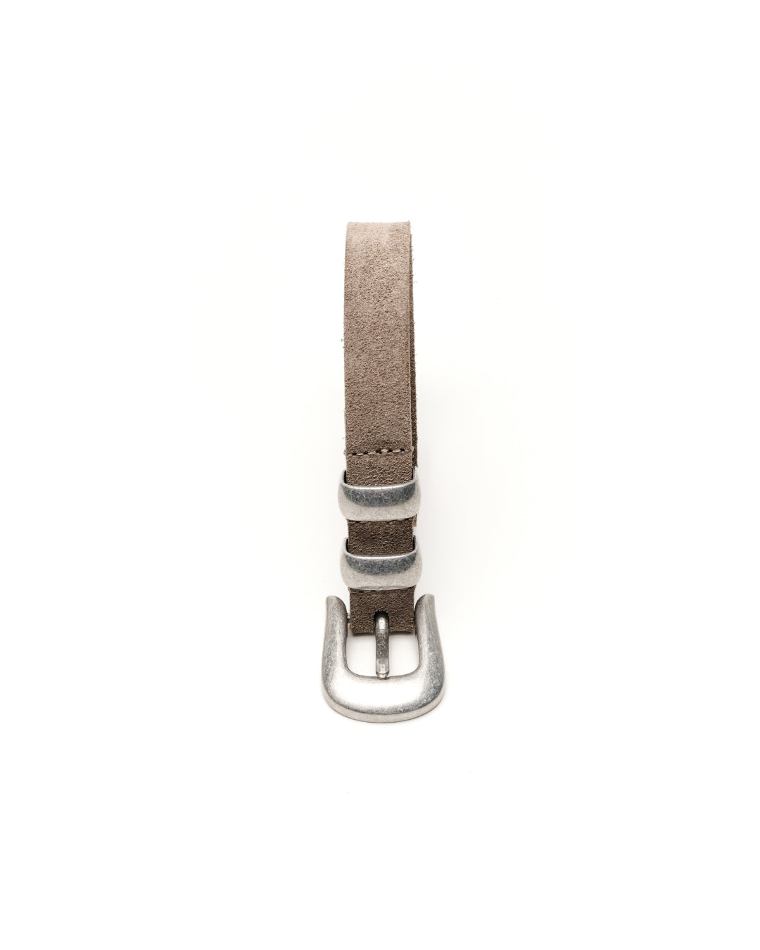 A close-up of a sand-grey leather Western belt strap with a silver-toned metal buckle, shown vertically against a plain white background.