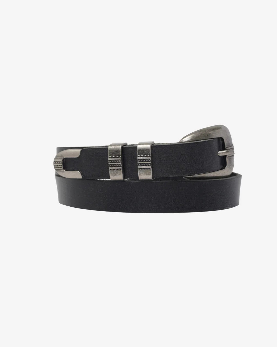 Black leather belt with silver buckle on a white background