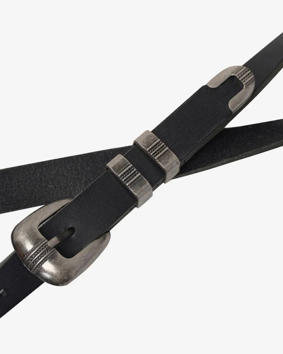 Black belt with silver buckle on a white background