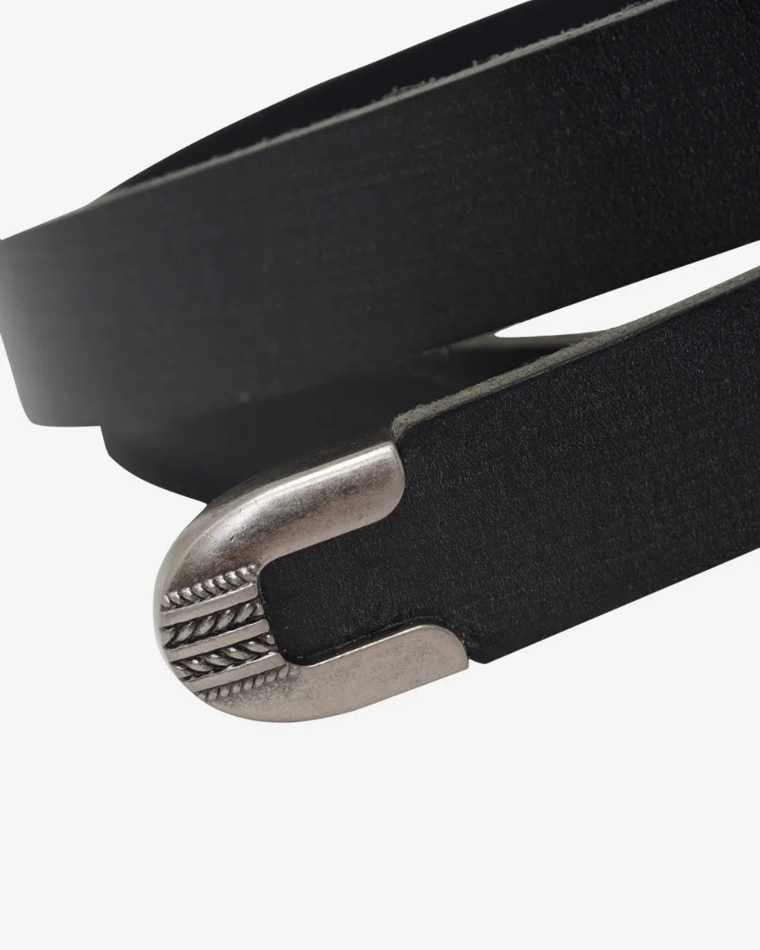Black leather belt with a silver buckle on a white background