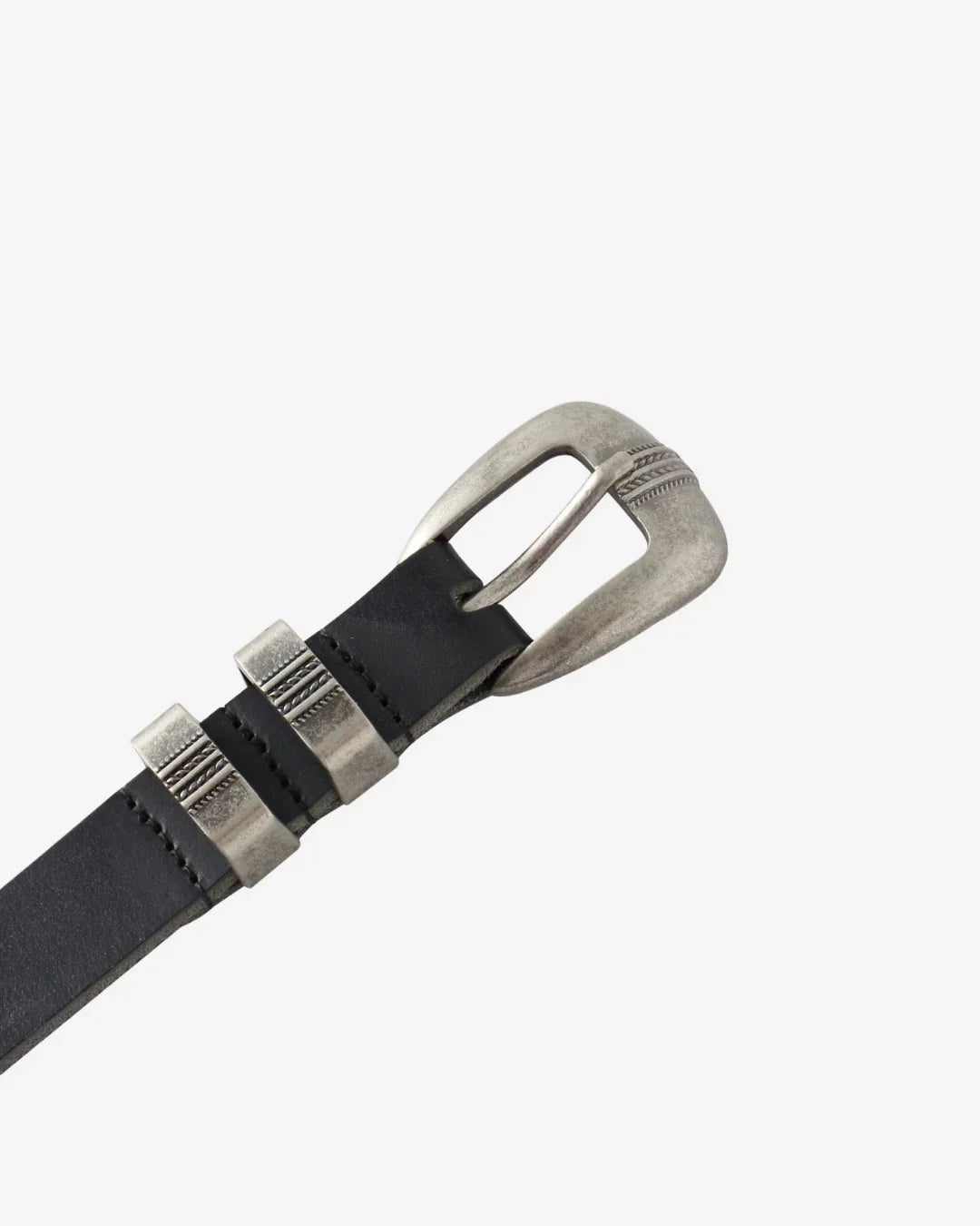 Black leather belt with a silver buckle on a white background